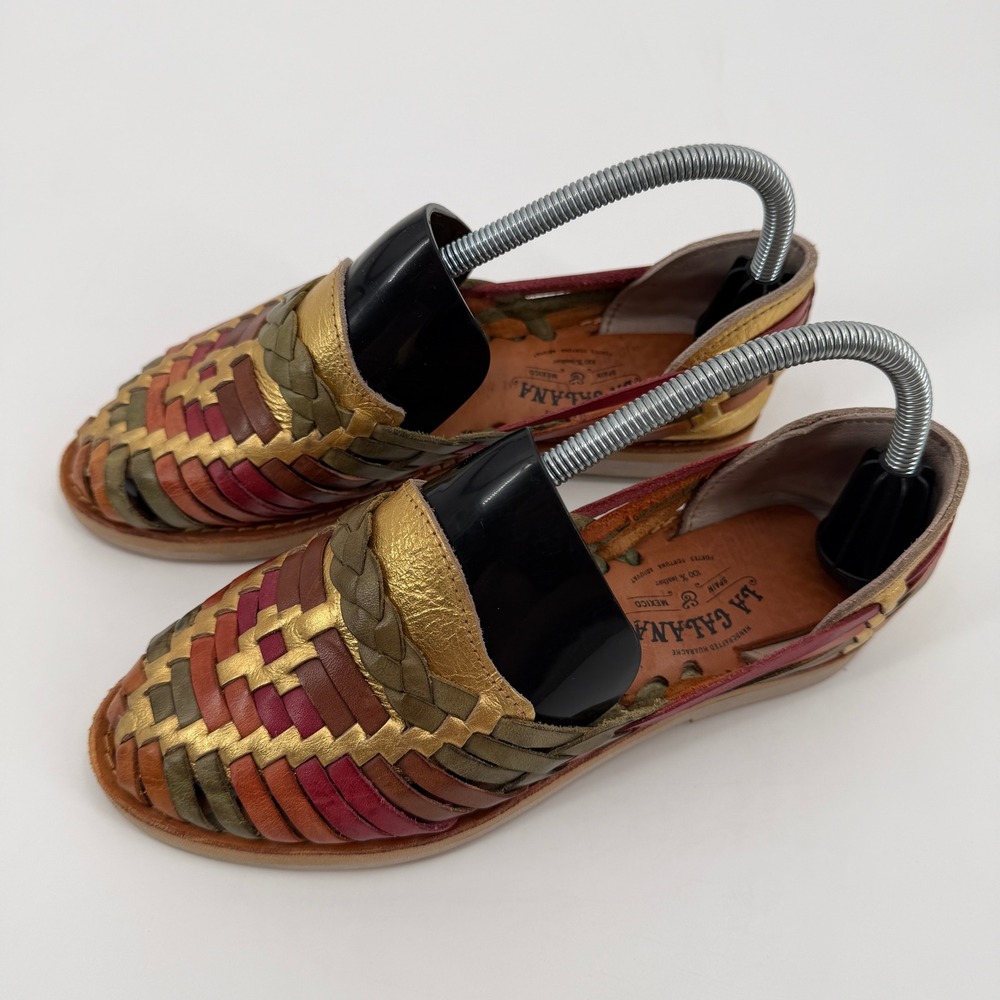 La Galana Handcrafted Leather Huarache Sandals Multicolor Woven Flats Size 38 - Picture 2 of 9